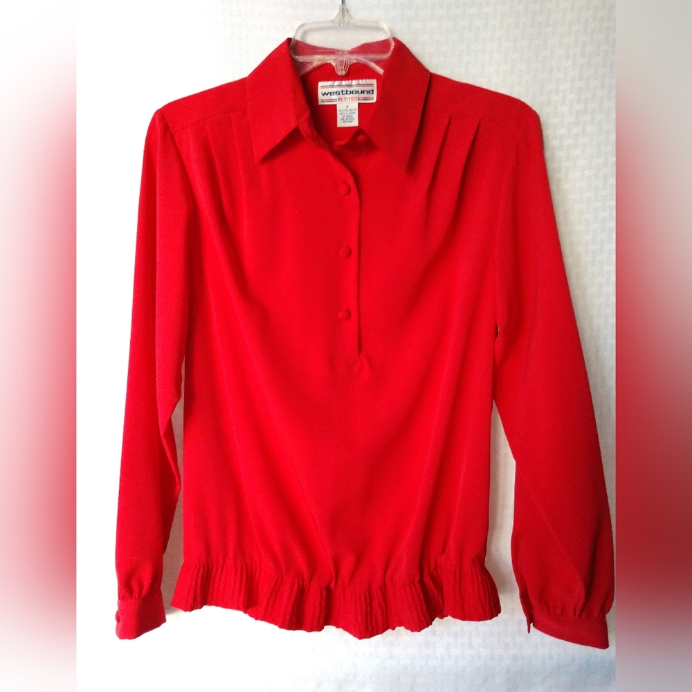Vintage Red Blouse Long Sleeve Elastic Waist Size 8P Chest 36"